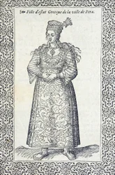 Illustration av en grekisk flicka från Pera, från Les navigations, peregrinations et voyages, faicts en la Turkey, av Nicolas de Nicolay, före 1576